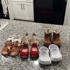 Carter's Brown Sandals, Red Bow Flats, and White Crocs